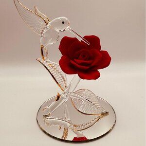 Hummingbird Red Rose Glass Figurine Romantic Gift Decor